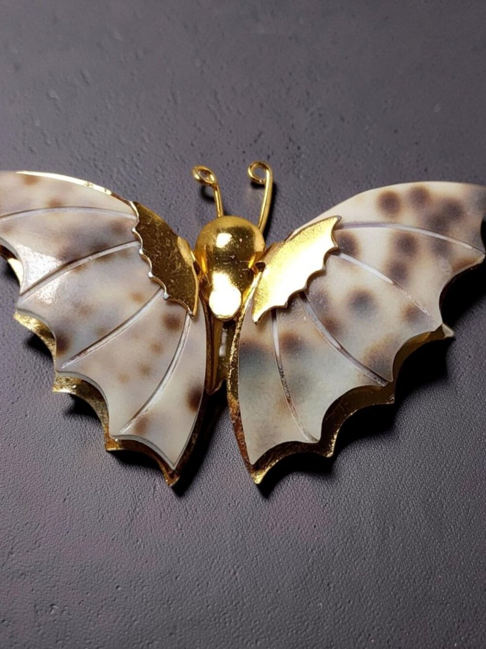 Vintage Tiger Cowrie Shell Goldtone Butterfly Brooch Pin, 1.75" x 1"